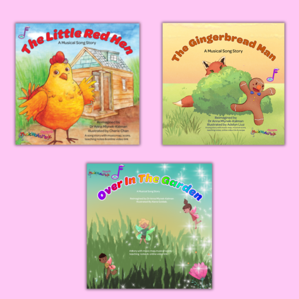 image of covers for 3 song books being The Little Red Hen Over in the Garden The Gingerbread Man